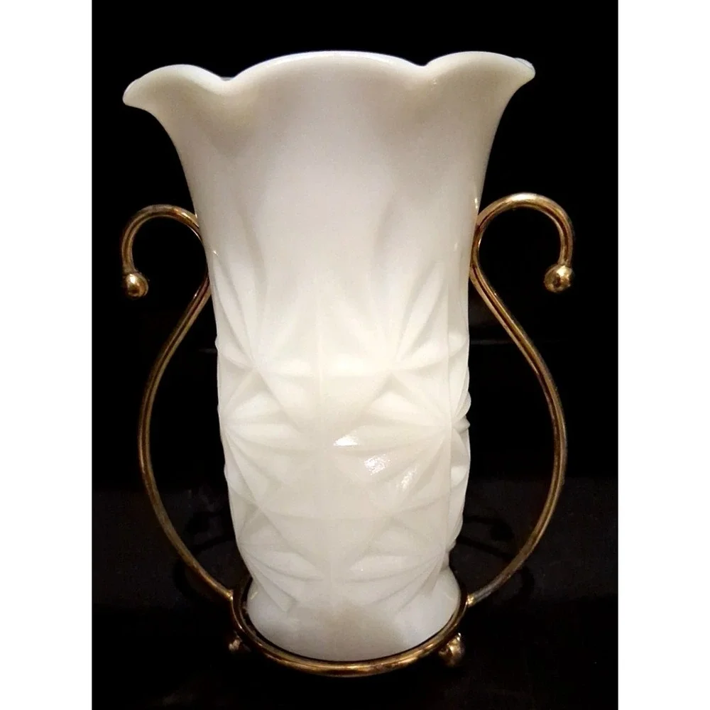Vintage Hazel Atlas Milk Glass Vase with Metal Stand‎